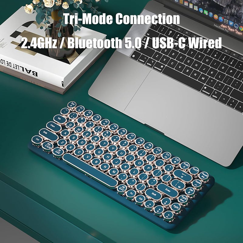 TISHLED Typewriter Keyboard Wireless 2.4GHz/Bluetooth/USB-C Wired Mechanical Gaming Keyboard Warm White LED Backlit 84-Key NKRO Hot Swappable Green Switches Retro Round Keycaps for Multi-Device - Image 2